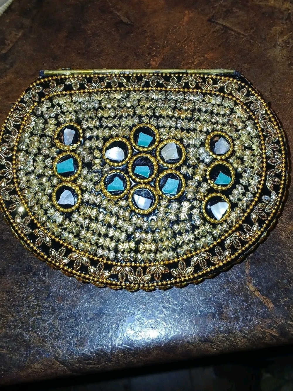 RAMLA Mosaic Clutch Handmade Blue and Gold Mosaic Pendant Clutch/Crossbody - Picture 3 of 5